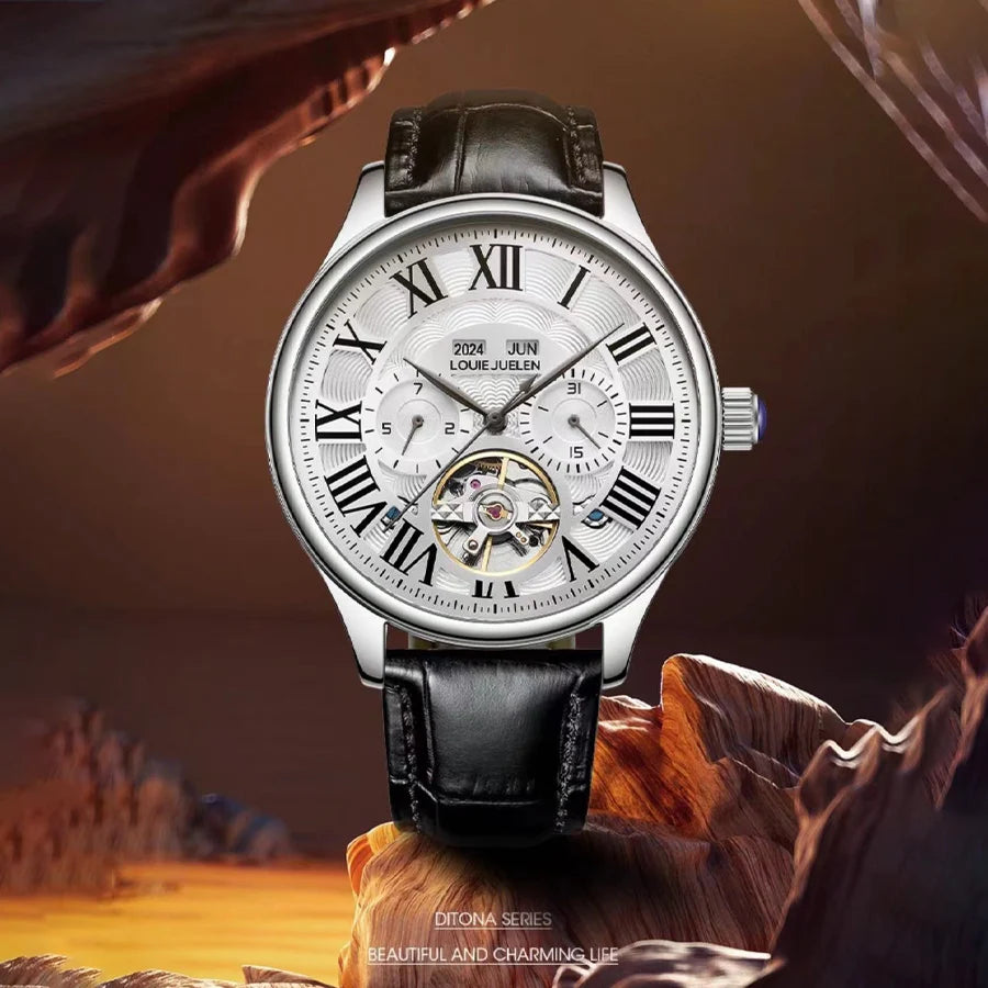 (Plene Aŭtomata Mekanika Horloĝo) Vira Multfunkcia Horloĝo, Eltranĉita Perspektiva Malgranda Plato, Romiaj Ciferoj, Neniu Baterio Bezonata