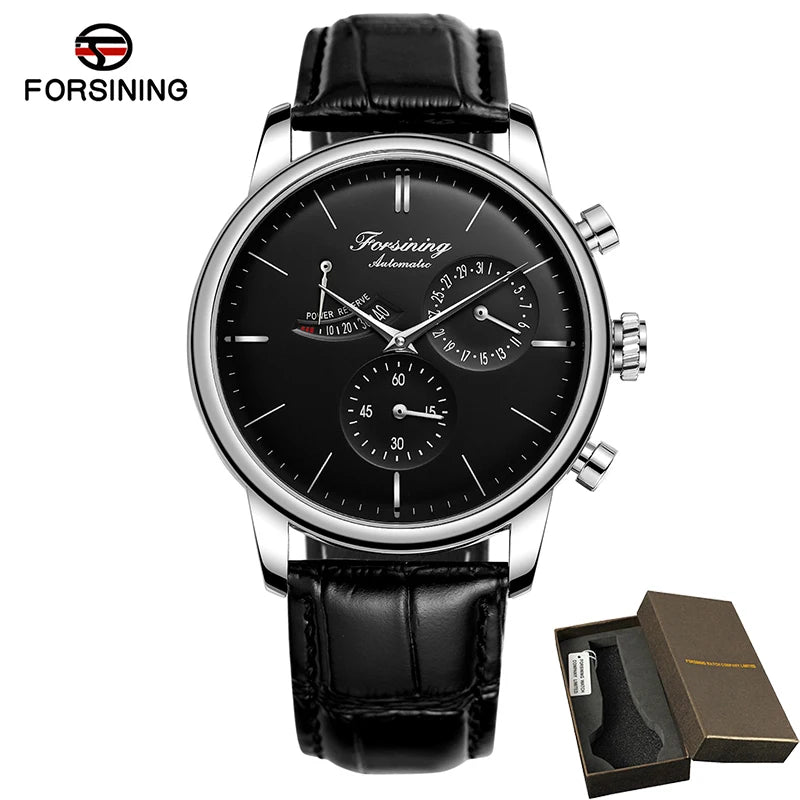 FOSINING Automatic Watch with Power Reserve Indicator Auto Date Mechanical Male Clock Leather Belt Dress Wristwatch Gift for Men