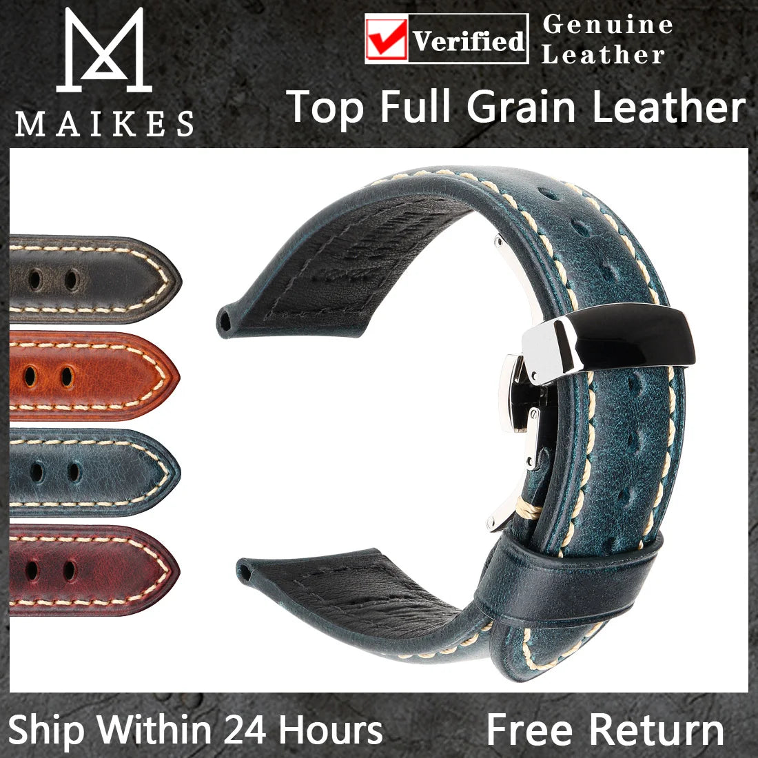 Watch Accessories Watch Bands 20mm 22mm 24mm Cow Leahter Watch Strap Butterfly Buckle Clasp Watchband Watch Bracelet Belt