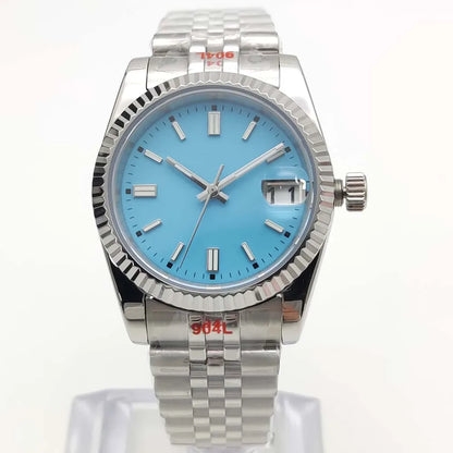 Vira aŭtomata horloĝo, aŭtomata mekanika movado NH35, safirvitro, travidebla dorso, blua sterila ciferplato