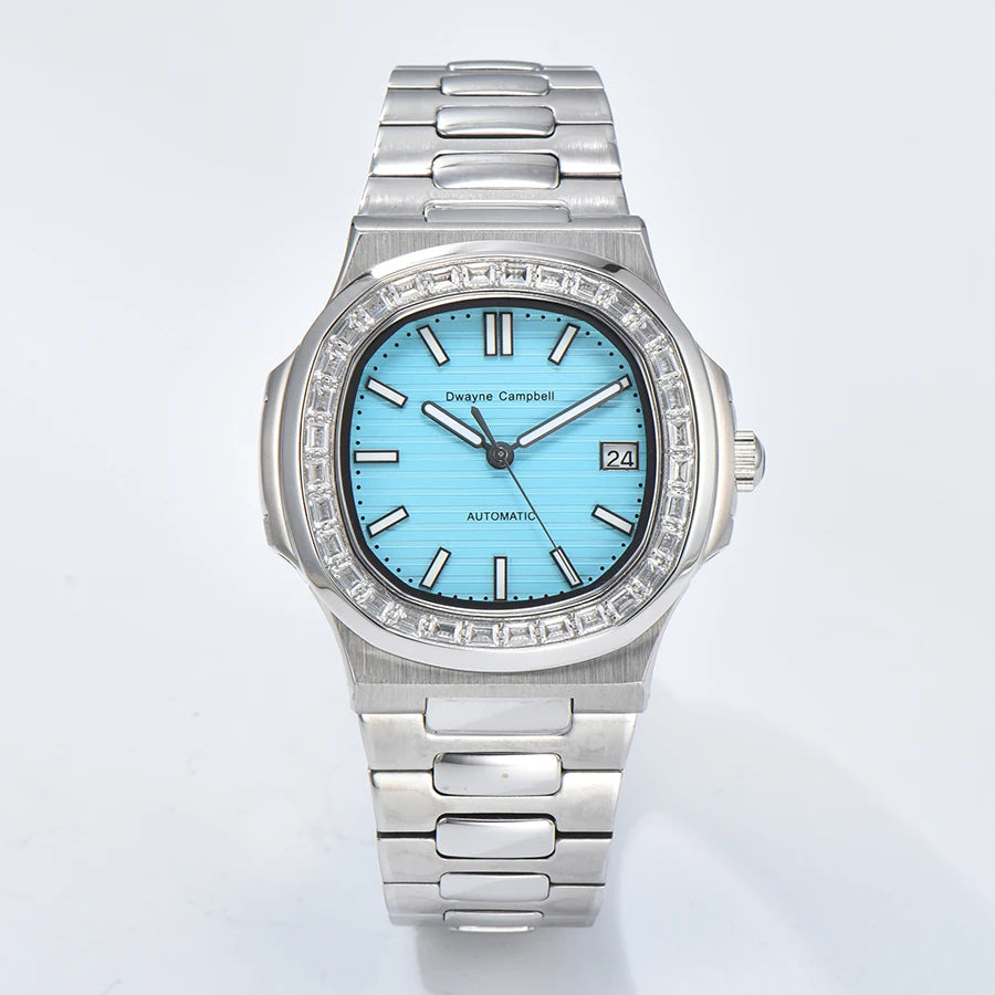 Automatic mechanical watch NH35 movement, diamond-encrusted waterproof sapphire crystal strap, date sports wristwatch