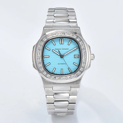 Automatic mechanical watch NH35 movement, diamond-encrusted waterproof sapphire crystal strap, date sports wristwatch