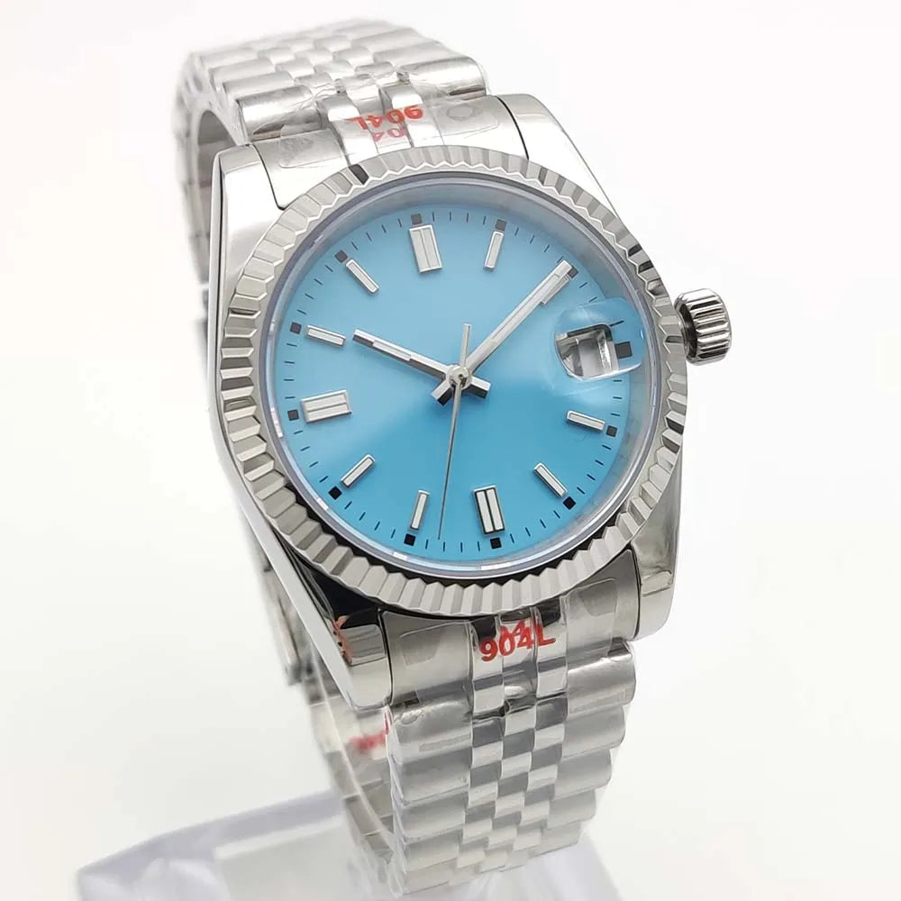 Vira aŭtomata horloĝo, aŭtomata mekanika movado NH35, safirvitro, travidebla dorso, blua sterila ciferplato