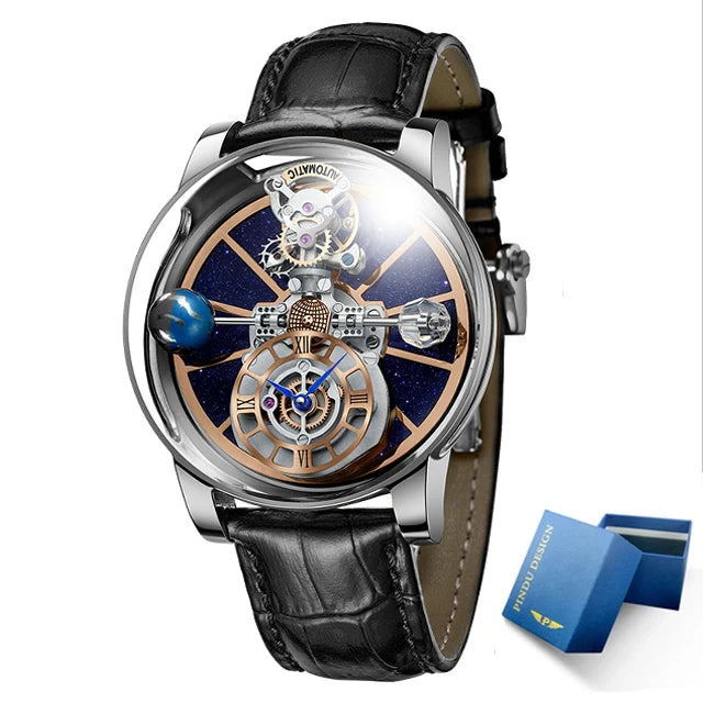 PINDU Men Watch Diamond Earth Theme Top Brand Luxury Astronomical Quartz Watch Men Starry Sky Dial 360 Degree Transparent Glass