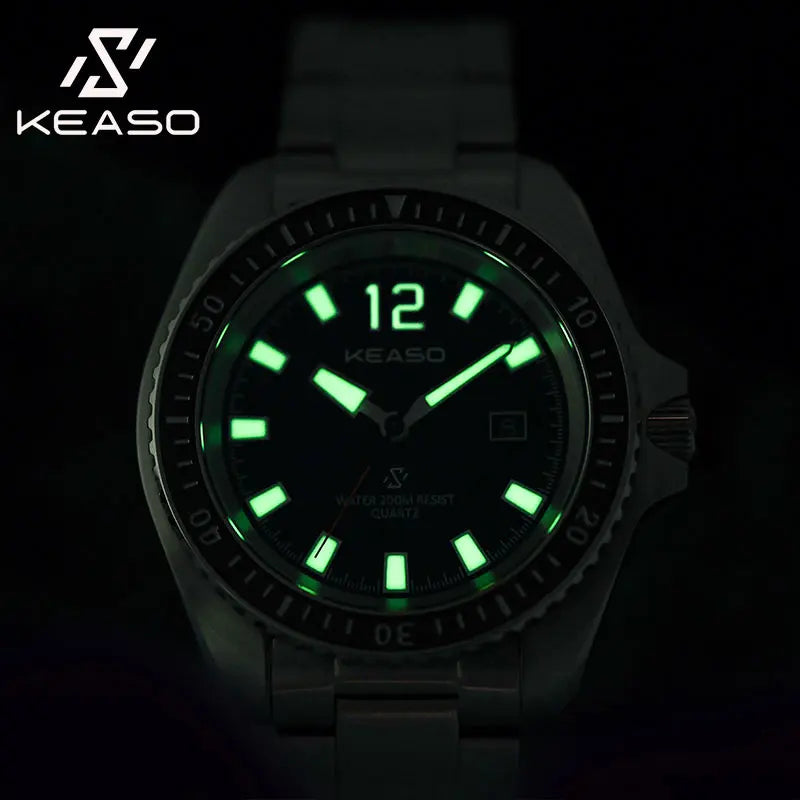 KEASO Men Quartz Watch Sapphire Ceramic Bezel Movement 200M Waterproof C3 Luminous Solid 316L Steel Dive Quartz Watch Men