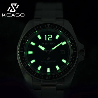 KEASO Men Quartz Watch Sapphire Ceramic Bezel Movement 200M Waterproof C3 Luminous Solid 316L Steel Dive Quartz Watch Men