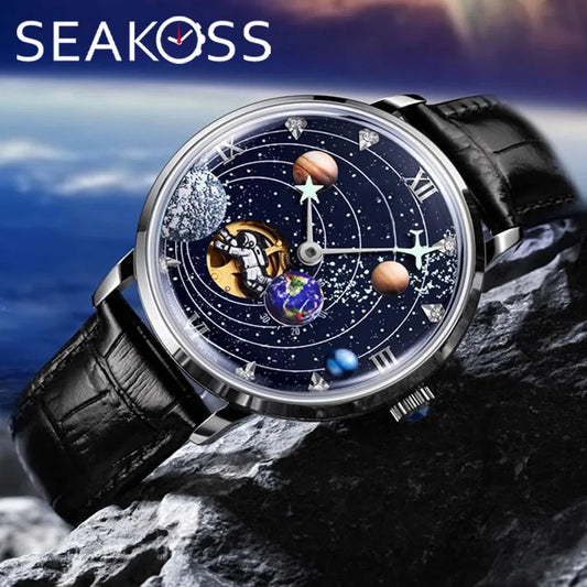 2025 Full Automatic Mechanical Watch for Space Exploration Hollowed out Luminous Personality Belt Business 3Bar Men's Wristwatch
