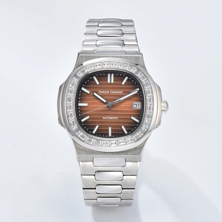 Automatic mechanical watch NH35 movement, diamond-encrusted waterproof sapphire crystal strap, date sports wristwatch