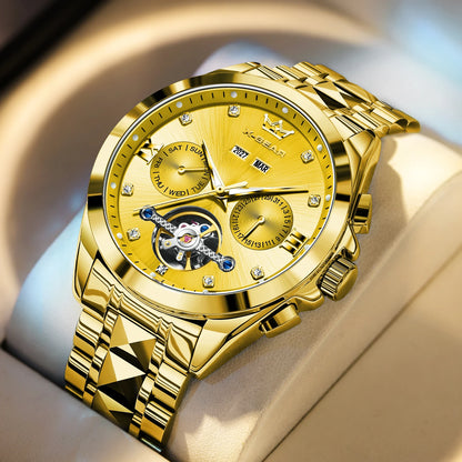 Vira Aŭtomata Mekanika Horloĝo kun Tourbillon Akvorezista Luma Neoksidebla Ŝtala Rimeno Luksa Multfunkcia Horloĝo