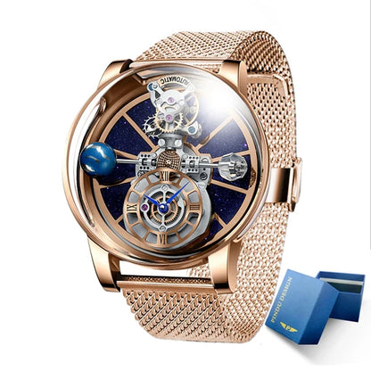PINDU Men Watch Diamond Earth Theme Top Brand Luxury Astronomical Quartz Watch Men Starry Sky Dial 360 Degree Transparent Glass