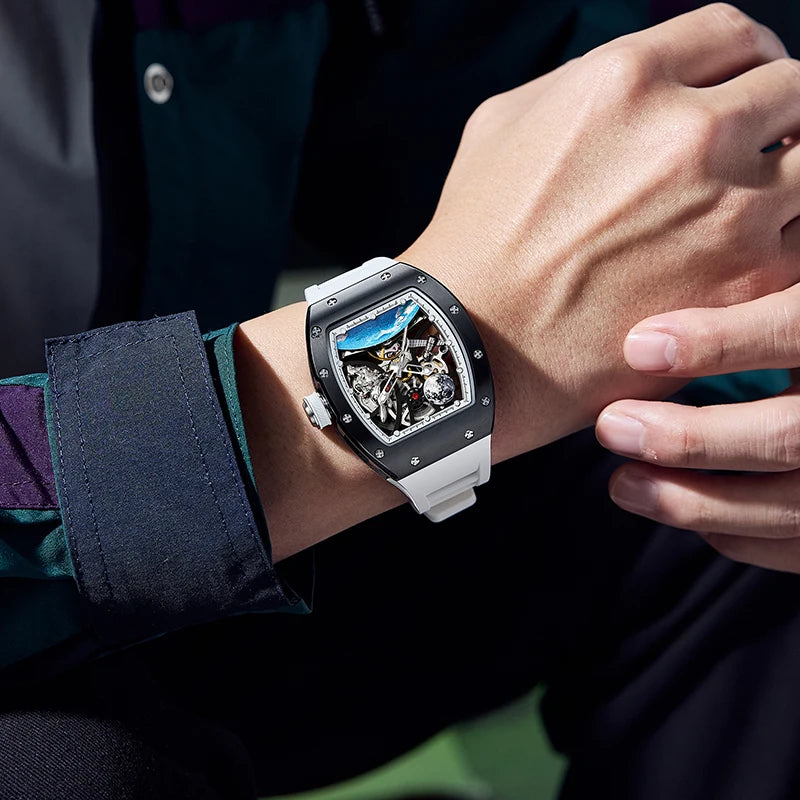 Viraj Aŭtomataj Horloĝoj por Viroj Moda Tonneau Mekanika Horloĝo Tera Ciferplato Akvorezista Luksa Lumplena Skeleto Vira Brakhorloĝo