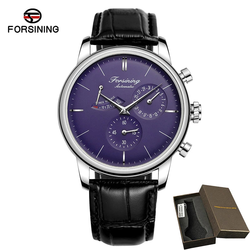 FOSINING Automatic Watch with Power Reserve Indicator Auto Date Mechanical Male Clock Leather Belt Dress Wristwatch Gift for Men
