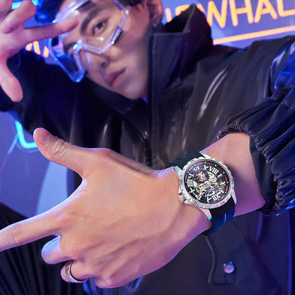 Aŭtomata Mekanika Vira Horloĝo Altkvalita Skeleta Turbilono Akvorezista Kaŭĉuka Rimeno