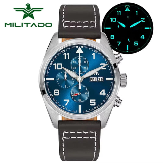 Militado ML04 39mm Quartz Watch Sapphire Crystal Super BGW9 Luminous 100m Water Resistant Stainless Steel Chronograph Watches