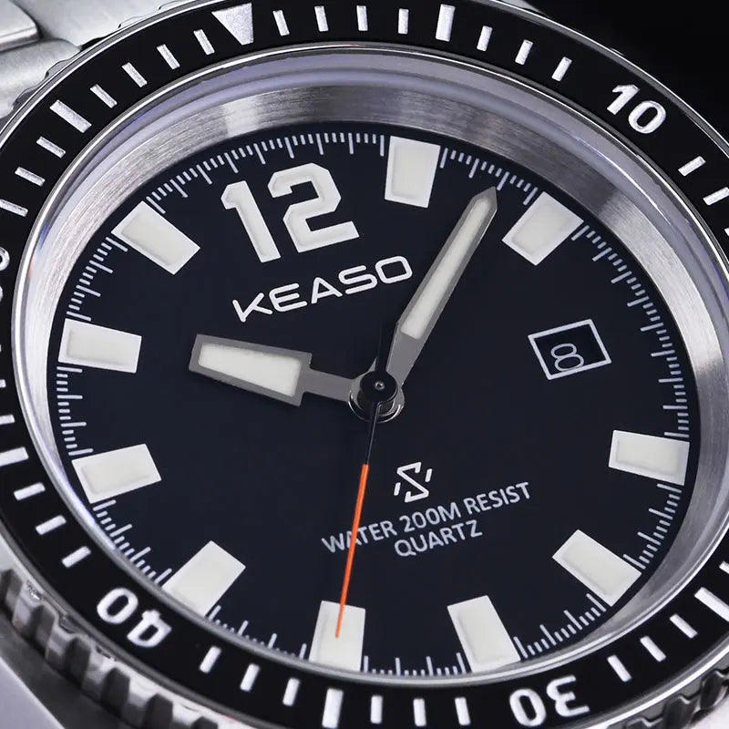 KEASO Men Quartz Watch Sapphire Mirror Ceramic Bezel 200M Waterproof C3 Luminous Solid 316L Steel Dive Quartz Movement Watch Men