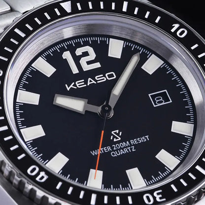 KEASO Men Quartz Watch Sapphire Mirror Ceramic Bezel 200M Waterproof C3 Luminous Solid 316L Steel Dive Quartz Movement Watch Men