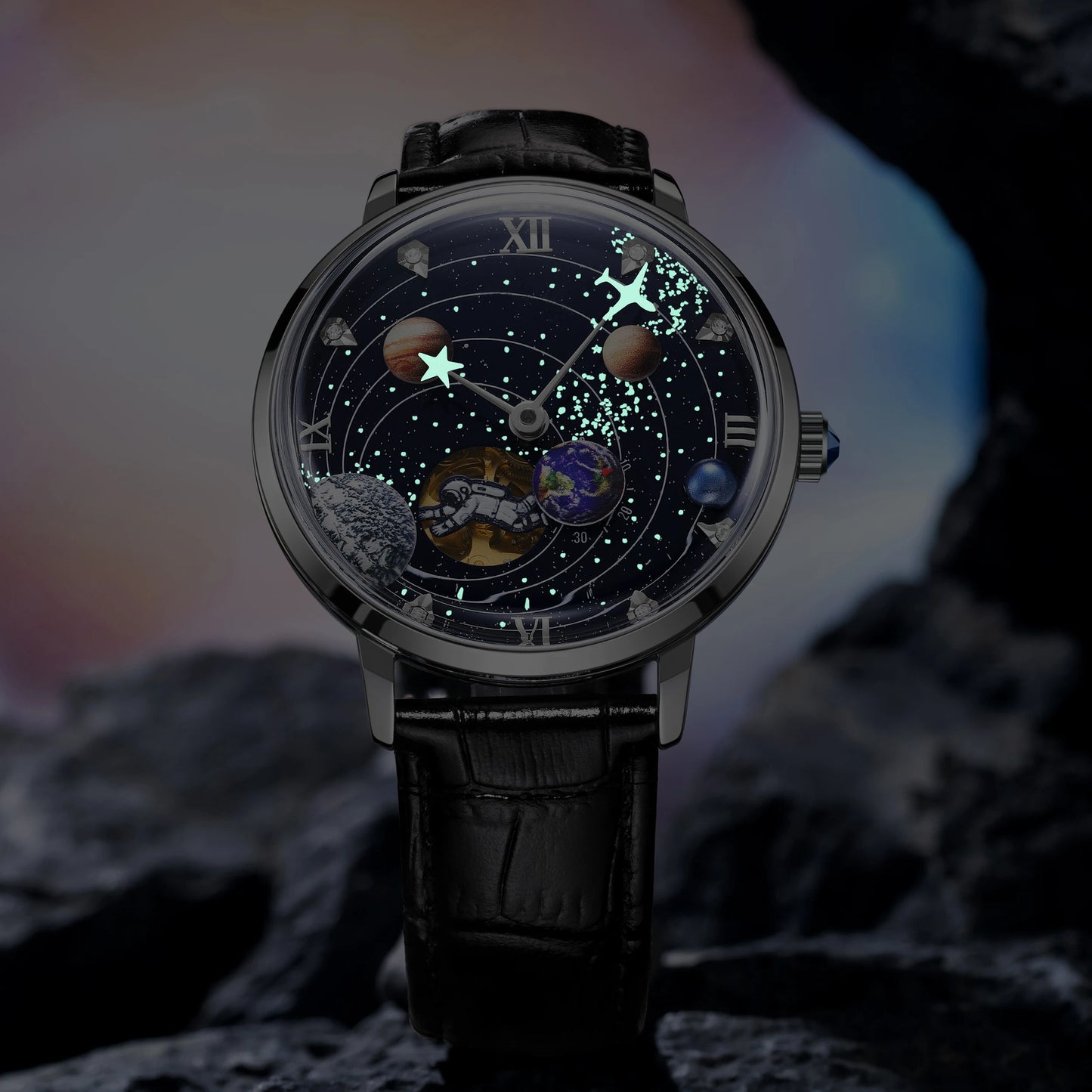 2025 Plena Aŭtomata Mekanika Horloĝo por Kosmoesplorado Kavigita Luma Personeca Zono Komerca 3Bar Vira Brakhorloĝo