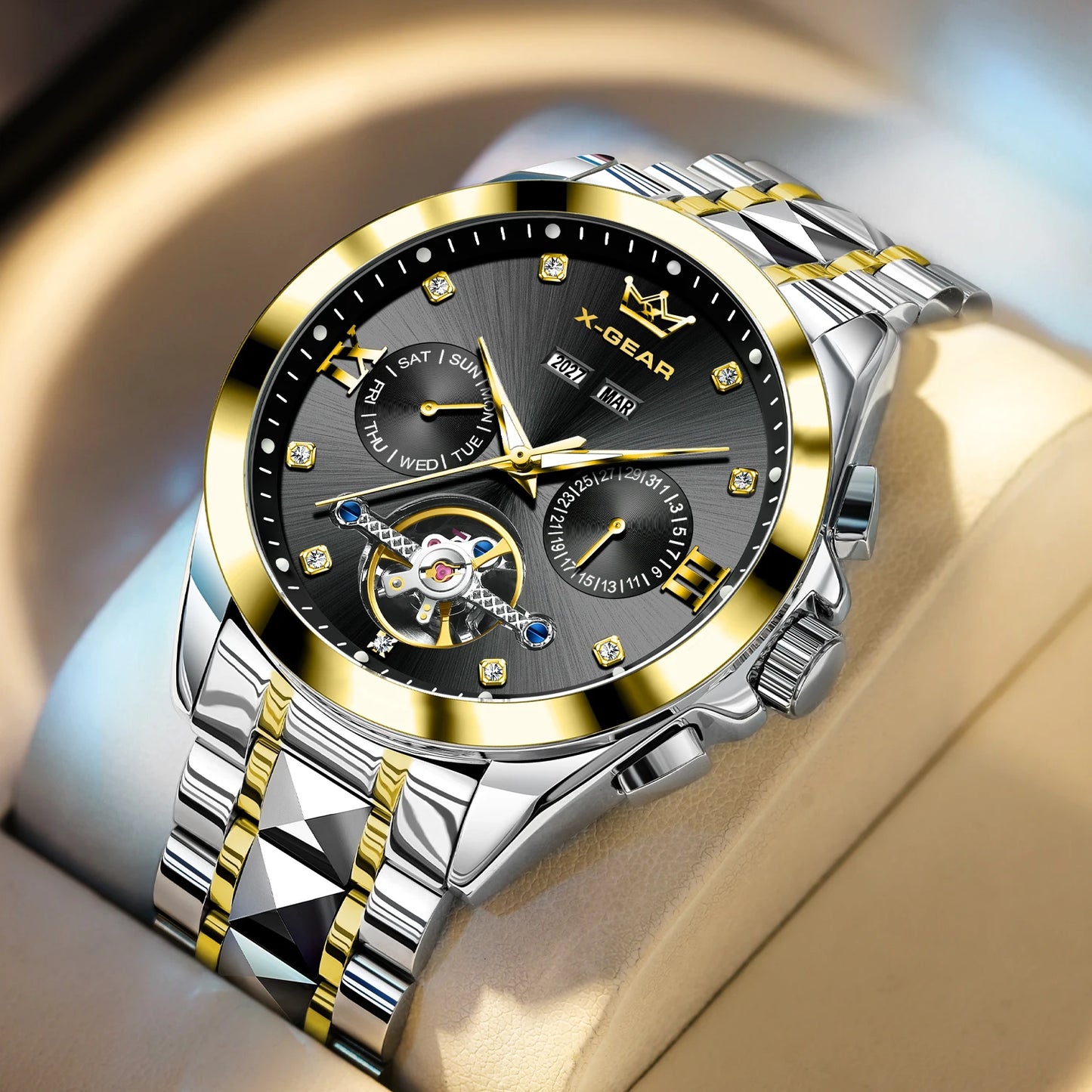 Vira Aŭtomata Mekanika Horloĝo kun Tourbillon Akvorezista Luma Neoksidebla Ŝtala Rimeno Luksa Multfunkcia Horloĝo