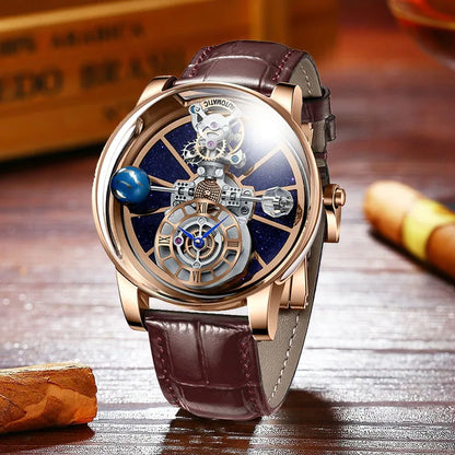 PINDU Men Watch Diamond Earth Theme Top Brand Luxury Astronomical Quartz Watch Men Starry Sky Dial 360 Degree Transparent Glass