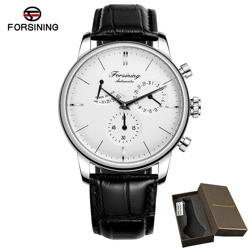 FOSINING Automatic Watch with Power Reserve Indicator Auto Date Mechanical Male Clock Leather Belt Dress Wristwatch Gift for Men