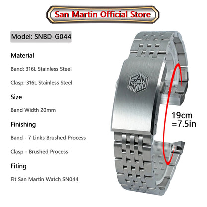 San Martin Watch Bracelet High Quality 7 Links 316L Solid Stainless Steel Watch Parts 20mm Brushed Clasp For SN0044-G