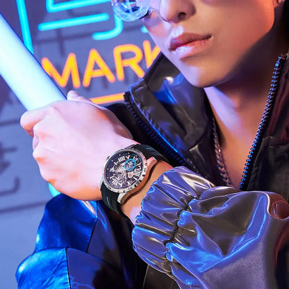 Aŭtomata Mekanika Vira Horloĝo Altkvalita Skeleta Turbilono Akvorezista Kaŭĉuka Rimeno