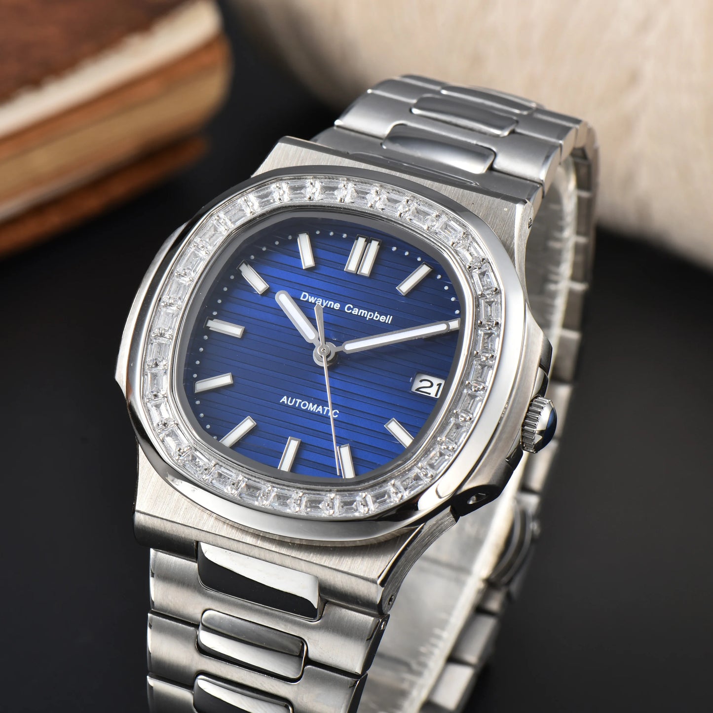 Automatic mechanical watch NH35 movement, diamond-encrusted waterproof sapphire crystal strap, date sports wristwatch