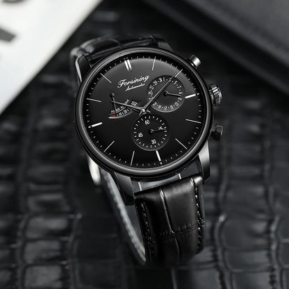 FOSINING Automatic Watch with Power Reserve Indicator Auto Date Mechanical Male Clock Leather Belt Dress Wristwatch Gift for Men