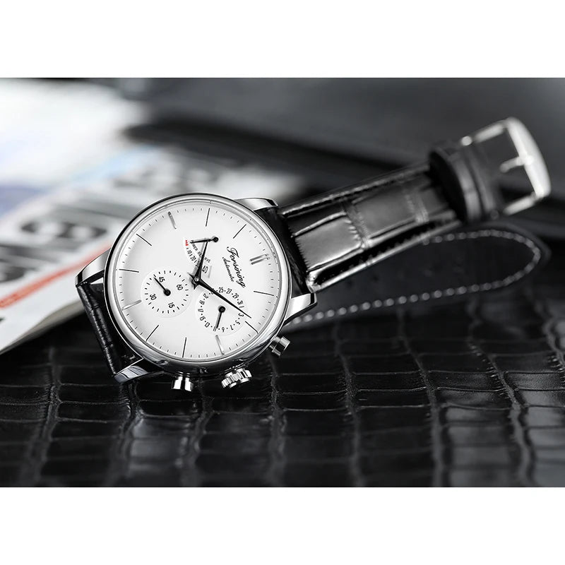 FOSINING Automatic Watch with Power Reserve Indicator Auto Date Mechanical Male Clock Leather Belt Dress Wristwatch Gift for Men