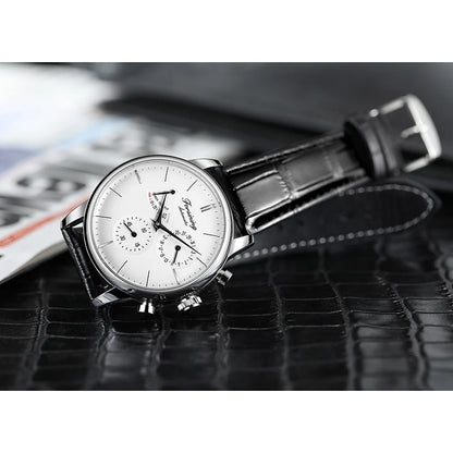 FOSINING Automatic Watch with Power Reserve Indicator Auto Date Mechanical Male Clock Leather Belt Dress Wristwatch Gift for Men