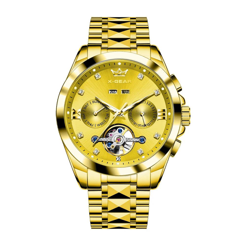 Vira Aŭtomata Mekanika Horloĝo kun Tourbillon Akvorezista Luma Neoksidebla Ŝtala Rimeno Luksa Multfunkcia Horloĝo