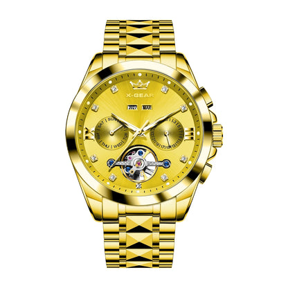 Vira Aŭtomata Mekanika Horloĝo kun Tourbillon Akvorezista Luma Neoksidebla Ŝtala Rimeno Luksa Multfunkcia Horloĝo