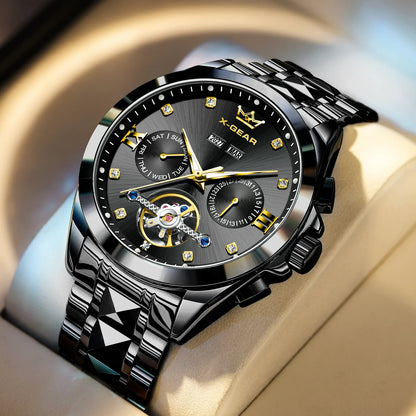 Vira Aŭtomata Mekanika Horloĝo kun Tourbillon Akvorezista Luma Neoksidebla Ŝtala Rimeno Luksa Multfunkcia Horloĝo