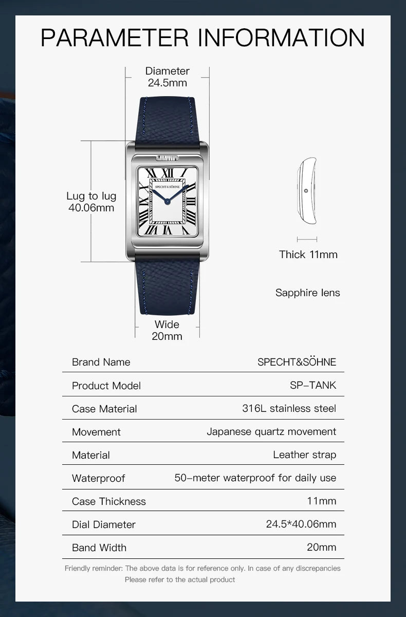 Specht&amp;Söhne Fashion Men's Quartz Watch Square Double sided Sports Watch Sapphire Crystal Stainless Steel Waterproof Watch