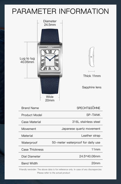 Specht&amp;Söhne Fashion Men's Quartz Watch Square Double sided Sports Watch Sapphire Crystal Stainless Steel Waterproof Watch