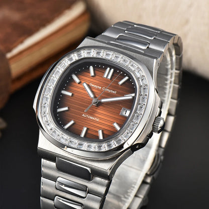 Automatic mechanical watch NH35 movement, diamond-encrusted waterproof sapphire crystal strap, date sports wristwatch