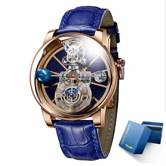 PINDU Men Watch Diamond Earth Theme Top Brand Luxury Astronomical Quartz Watch Men Starry Sky Dial 360 Degree Transparent Glass