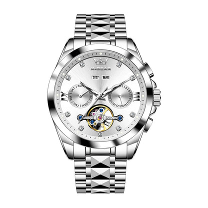 Vira Aŭtomata Mekanika Horloĝo kun Tourbillon Akvorezista Luma Neoksidebla Ŝtala Rimeno Luksa Multfunkcia Horloĝo