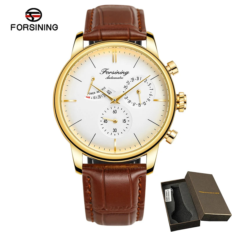 FOSINING Automatic Watch with Power Reserve Indicator Auto Date Mechanical Male Clock Leather Belt Dress Wristwatch Gift for Men