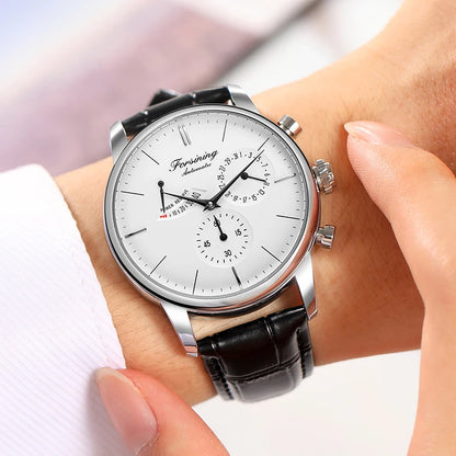 FOSINING Automatic Watch with Power Reserve Indicator Auto Date Mechanical Male Clock Leather Belt Dress Wristwatch Gift for Men