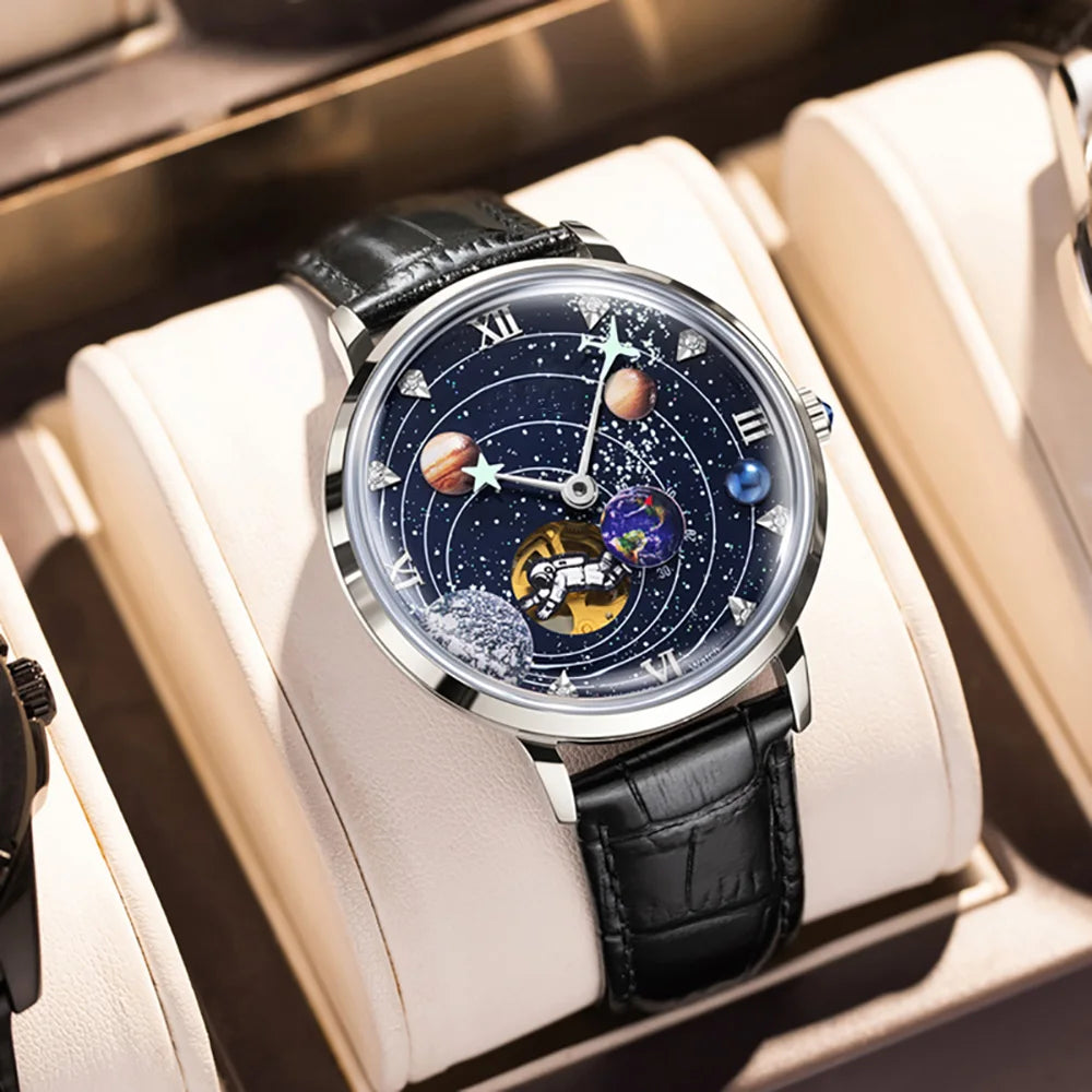 2025 Plena Aŭtomata Mekanika Horloĝo por Kosmoesplorado Kavigita Luma Personeca Zono Komerca 3Bar Vira Brakhorloĝo