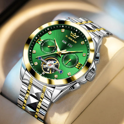 Vira Aŭtomata Mekanika Horloĝo kun Tourbillon Akvorezista Luma Neoksidebla Ŝtala Rimeno Luksa Multfunkcia Horloĝo