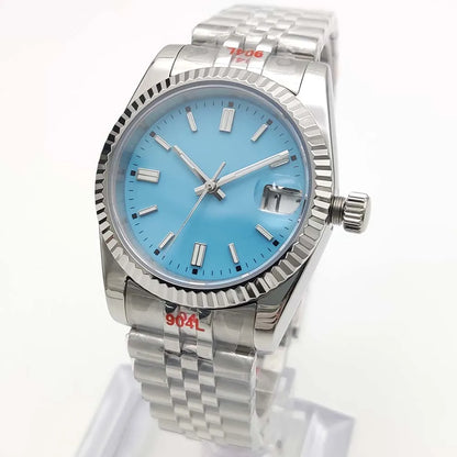 Vira aŭtomata horloĝo, aŭtomata mekanika movado NH35, safirvitro, travidebla dorso, blua sterila ciferplato