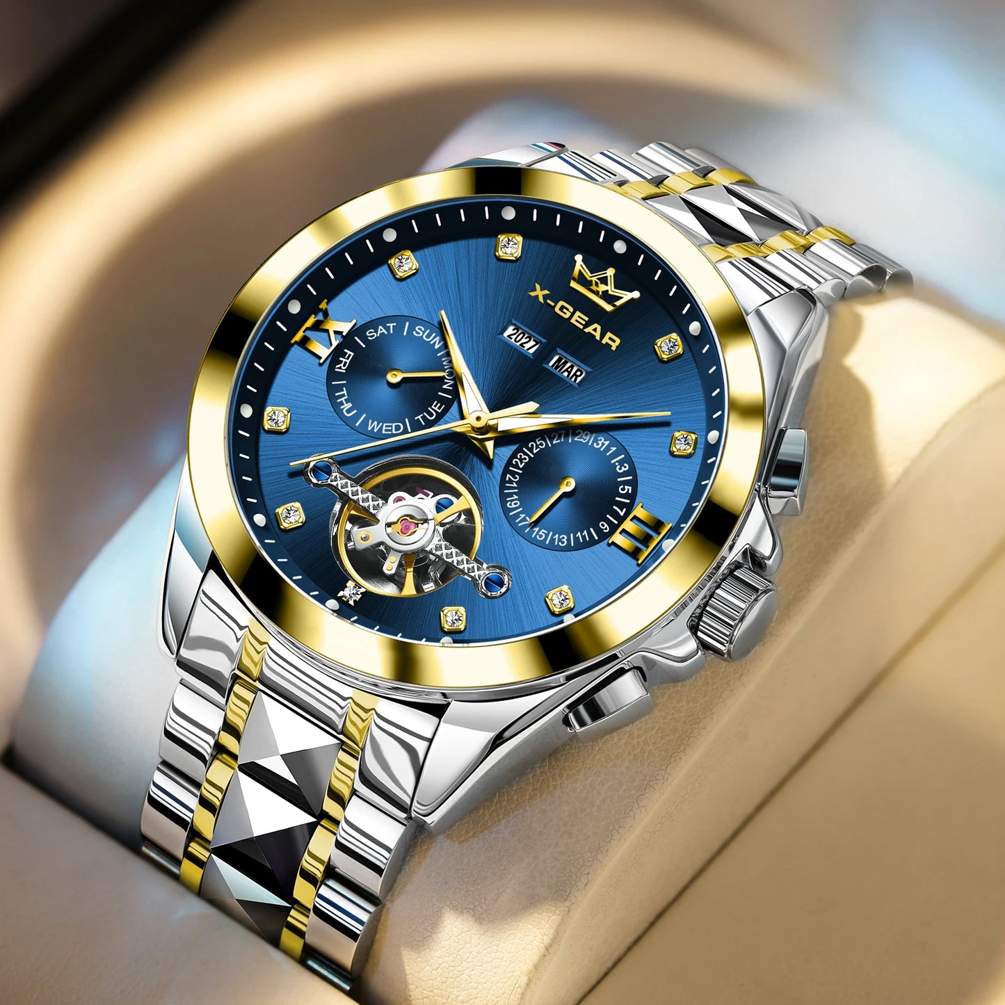 Vira Aŭtomata Mekanika Horloĝo kun Tourbillon Akvorezista Luma Neoksidebla Ŝtala Rimeno Luksa Multfunkcia Horloĝo