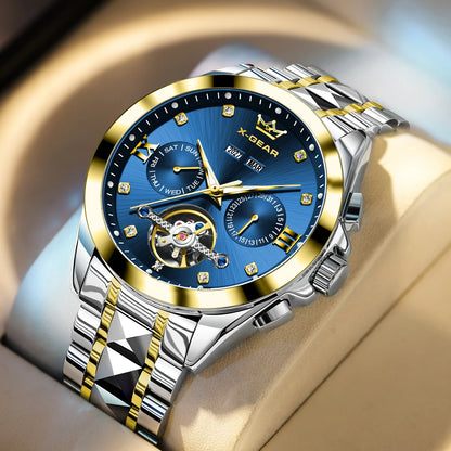 Vira Aŭtomata Mekanika Horloĝo kun Tourbillon Akvorezista Luma Neoksidebla Ŝtala Rimeno Luksa Multfunkcia Horloĝo