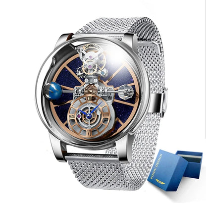 PINDU Men Watch Diamond Earth Theme Top Brand Luxury Astronomical Quartz Watch Men Starry Sky Dial 360 Degree Transparent Glass
