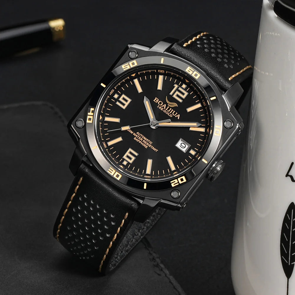 BOAIJIUA Plene Aŭtomata Mekanika Vira Horloĝo Originala Dezajno Mekanikaj Horloĝoj 50m Akvorezista Lumplena Brakhorloĝo por Viroj