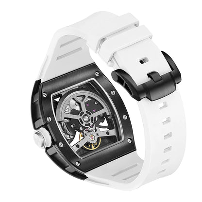 Viraj Aŭtomataj Horloĝoj por Viroj Moda Tonneau Mekanika Horloĝo Tera Ciferplato Akvorezista Luksa Lumplena Skeleto Vira Brakhorloĝo