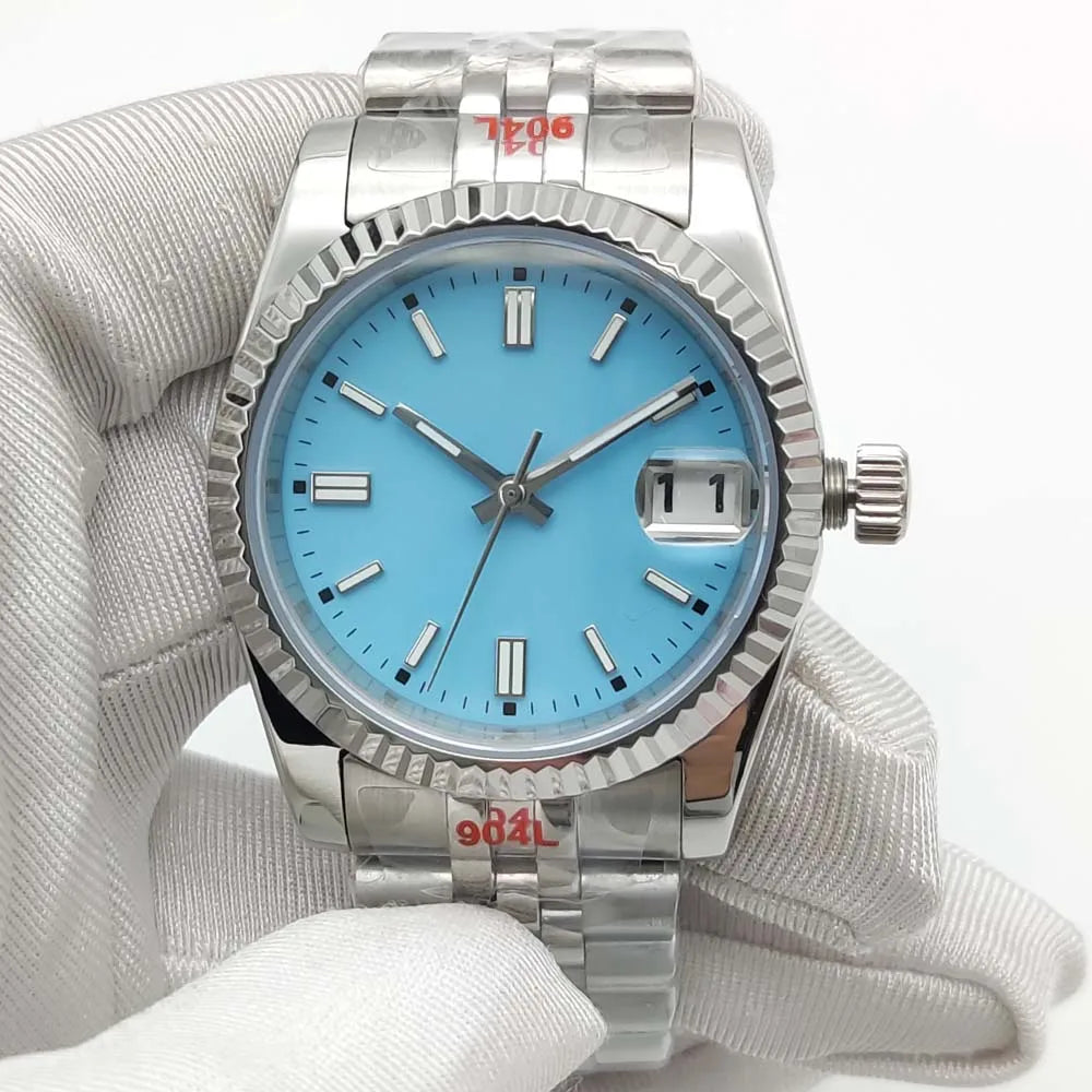 Vira aŭtomata horloĝo, aŭtomata mekanika movado NH35, safirvitro, travidebla dorso, blua sterila ciferplato