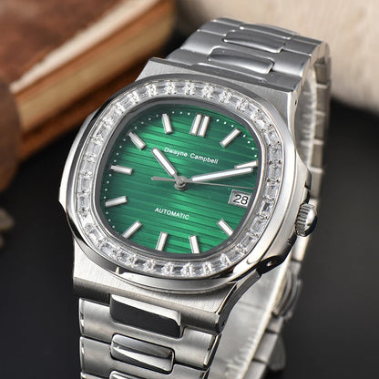 Automatic mechanical watch NH35 movement, diamond-encrusted waterproof sapphire crystal strap, date sports wristwatch